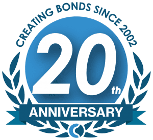 20th anniversary logo - Text reads "Creating bonds since 2002" then "20th ANNIVERSARY" Blue and white.