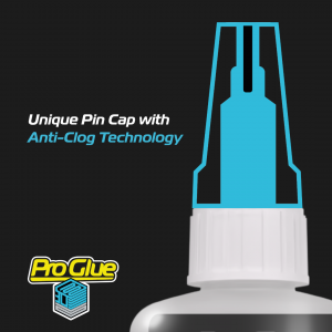 ProGlue 3D super glue nozzle featuring a unique pin cap with anti-clog technology for precise application.
