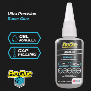 50g bottle of ProGlue 3D Ultra Precision Super Glue featuring a gel formula and gap-filling capability for 3D printing materials.