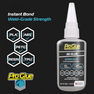 ProGlue 3D super glue bottle highlighting weld-grade strength compatible with PLA, ABS, PETG, TPU, and resin 3D filaments.