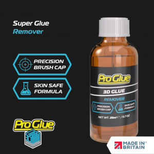 ProGlue 3D super glue remover 20ml bottle with precision brush cap, skin-safe formula badge, and Made in Britain logo on a dark background.