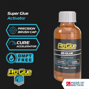ProGlue 3D super glue activator 20ml bottle featuring a precision brush cap, DMPT-free cure accelerator formula, and Made in Britain logo against a dark background.
